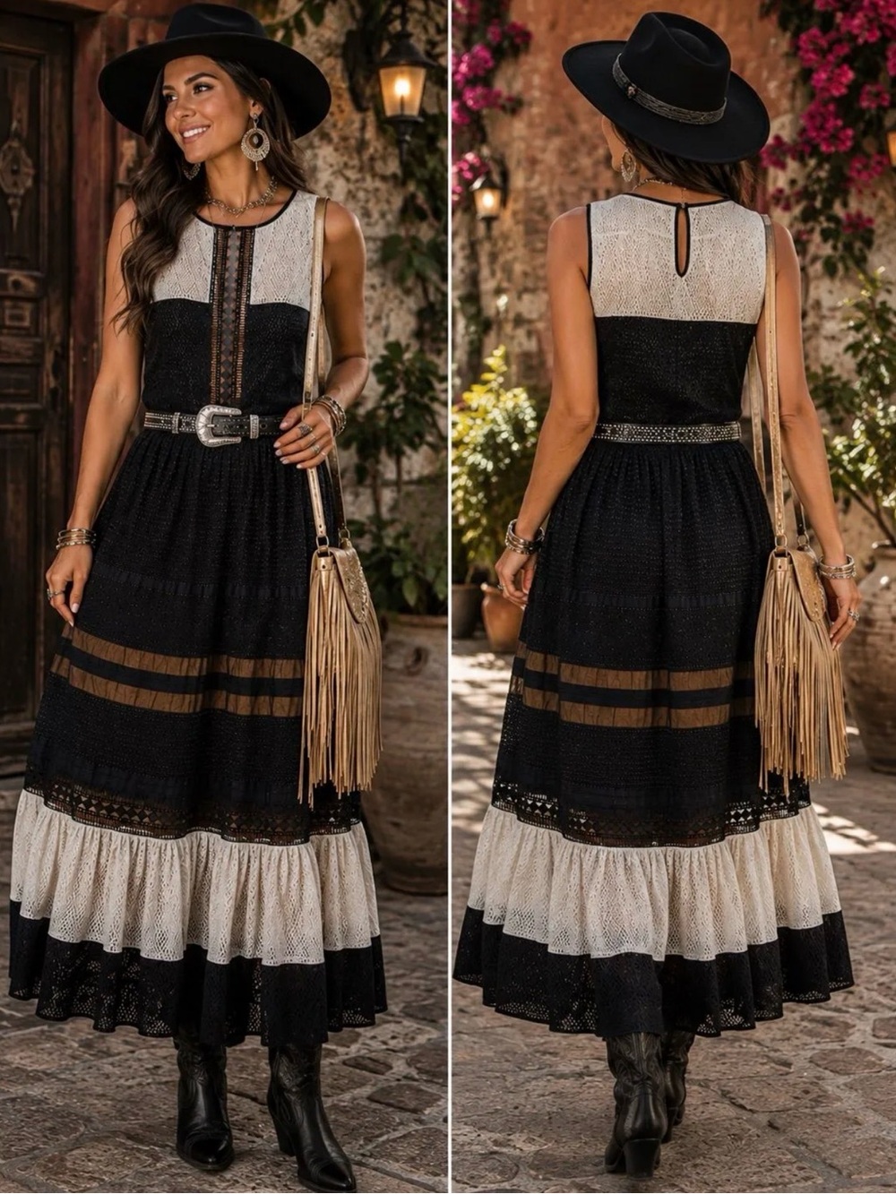 New York & Company Black Ivory Lace Boho Western Midi Dress Size 10